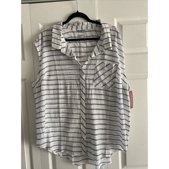 Merona Women's Plus Sleeveless Navy Striped Button Up Casual Spring 3X Summer - Picture 1 of 6